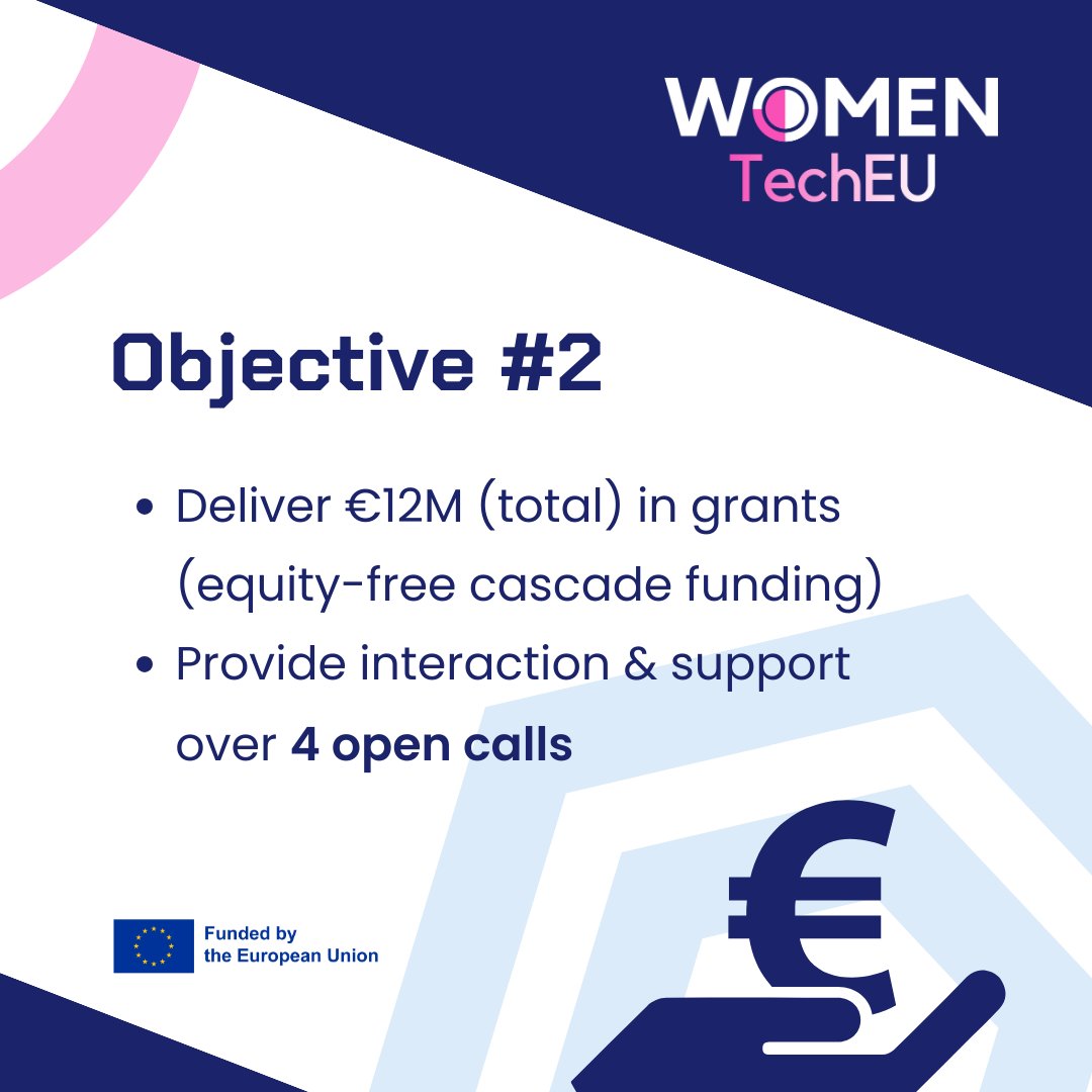 Objective 2 We're offering €12M in grants (equity-free funding) to 160 startups via 4 open calls. Each selected startup receives up to €75K 🎉 FIRST CALL now open! Apply: womentecheurope.eu #WomenTechEU #WomenInTech #WomenEntrepreneurs #DeepTech