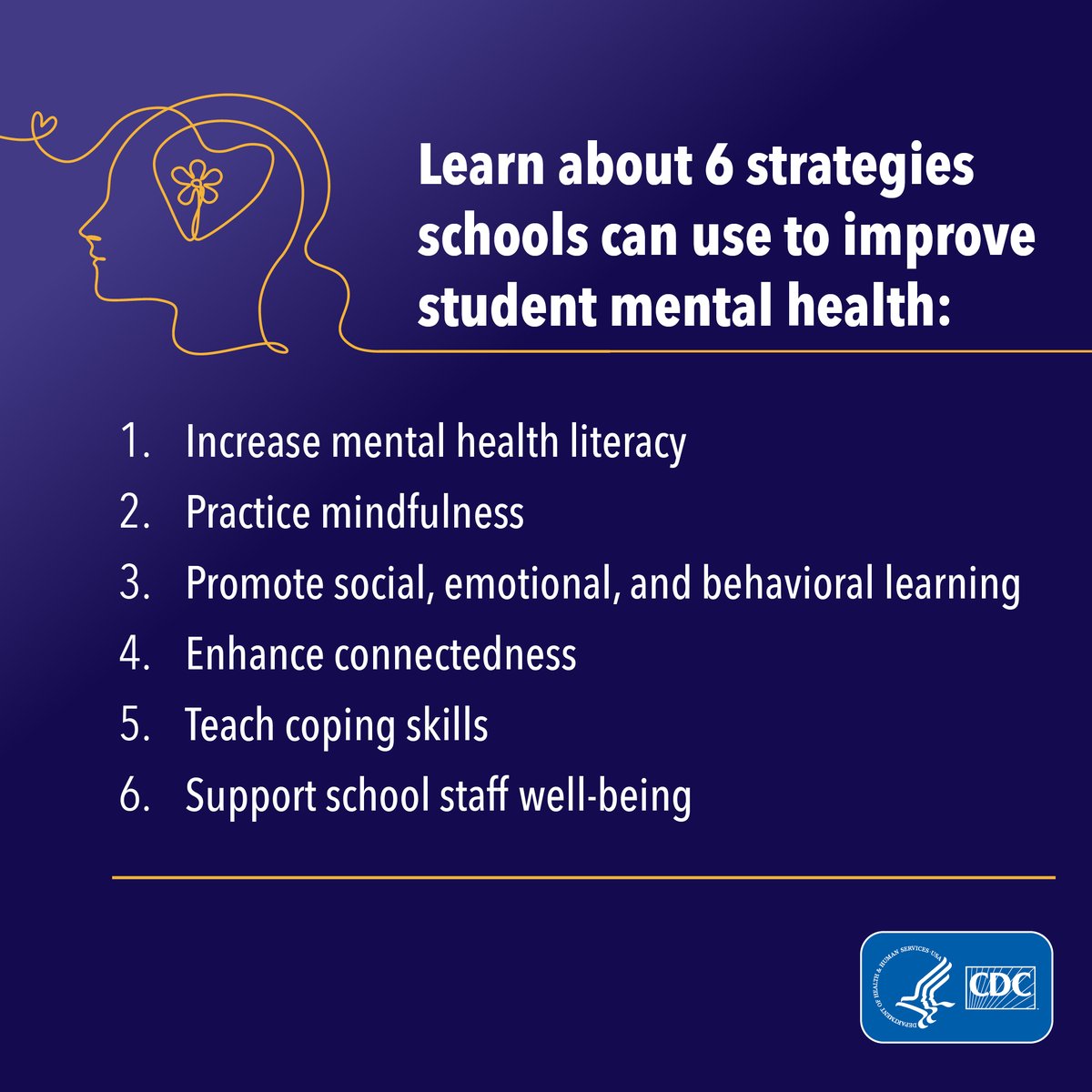 CDC’s action guide for school and district leaders describes six strategies to support student and staff mental health and well-being in schools. Learn ways to put each strategy into action: bit.ly/47um5NN #CDCMentalHealth