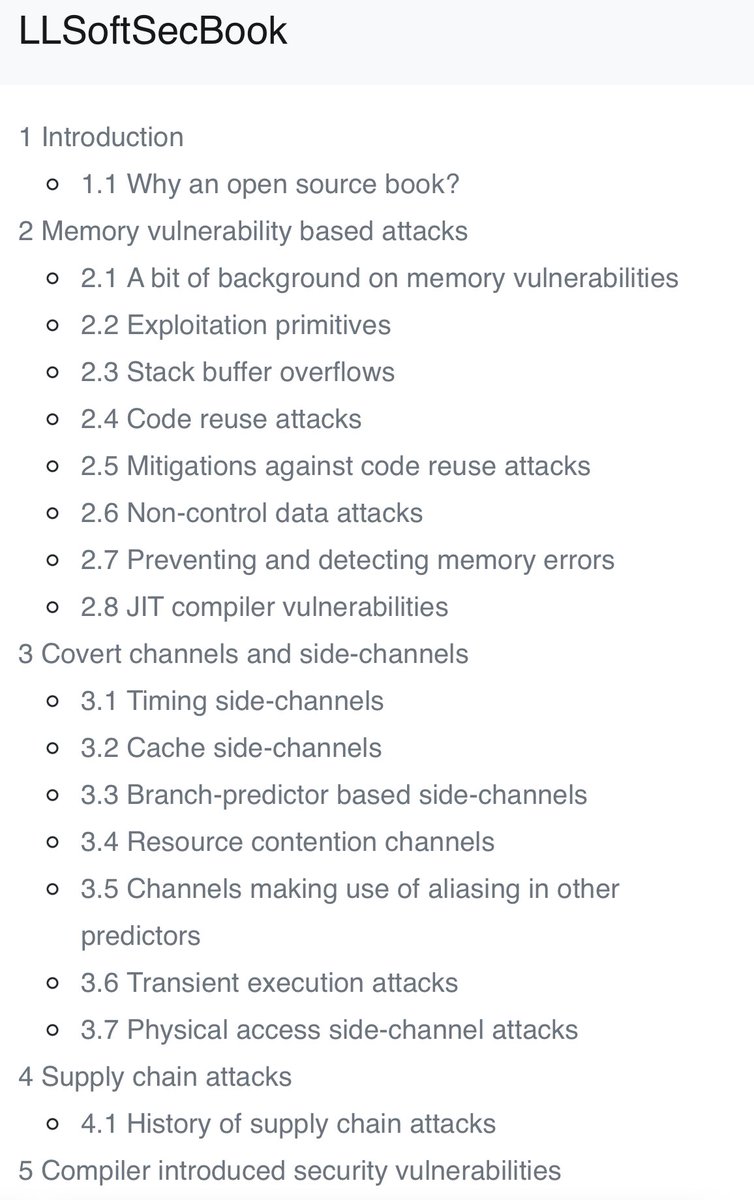 alexjplaskett's tweet image. One problem with software security is that there are lots of materials explaining specific vulns or exploits but not many giving a broad structured overview in one place. 

This free book llsoftsec.github.io/llsoftsecbook/ on Low-Level Security for Compiler Developers aims to address this.