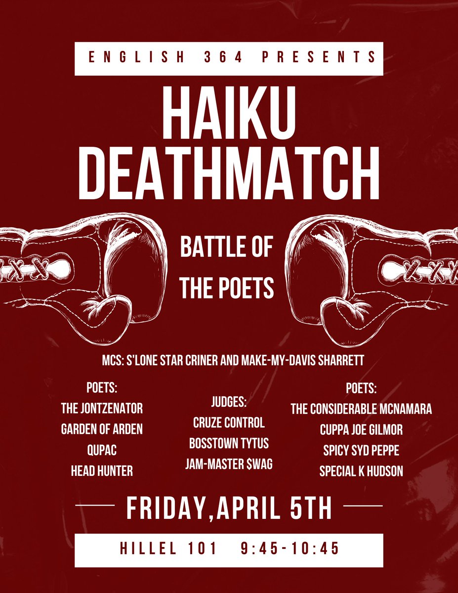 Curious about the poetry slam phenomenon but unable to time-travel to 1980s Chicago? The students of English 364: Poetry &amp; Authenticity are about to recreate it for you! Everyone is welcome to HAIKU DEATH MATCH 2024 from 9:45-10:45am on Friday 4/5 in Hillel 101.