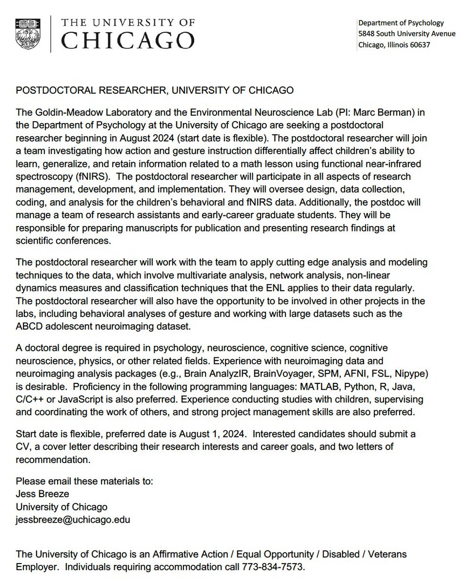 My labs at UChicago are hiring a post doc to join a project that uses fNIRS to understand how children learn math through gesture-based instruction. The Psych Dept. has been an incredible place to work with extraordinary support and wonderful colleagues! Please circulate!