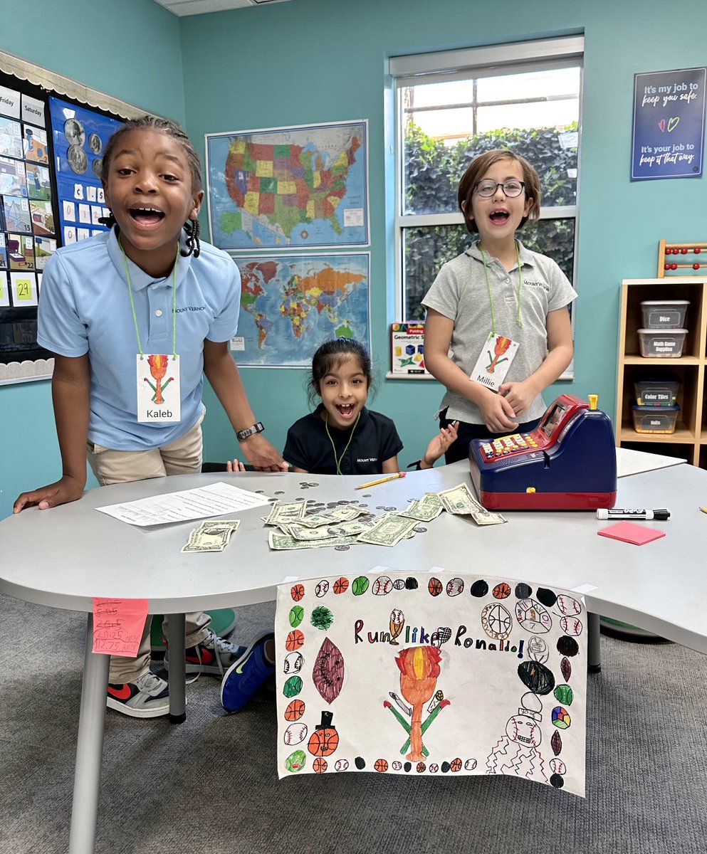 klundstromatmv's tweet photo. We Sold Out! Team “Run like Ronaldo” sold out of their sports supplies ⚾️🎾🏀 and Team “A+ Market” had a lot of inventory. Running a store is a #realandrelevant way to practice math, entrepreneurship and “pitches”. And, it is really fun! 🤩 @TheMVSchool #MVMath https://t.co/fQxqCNrzQe