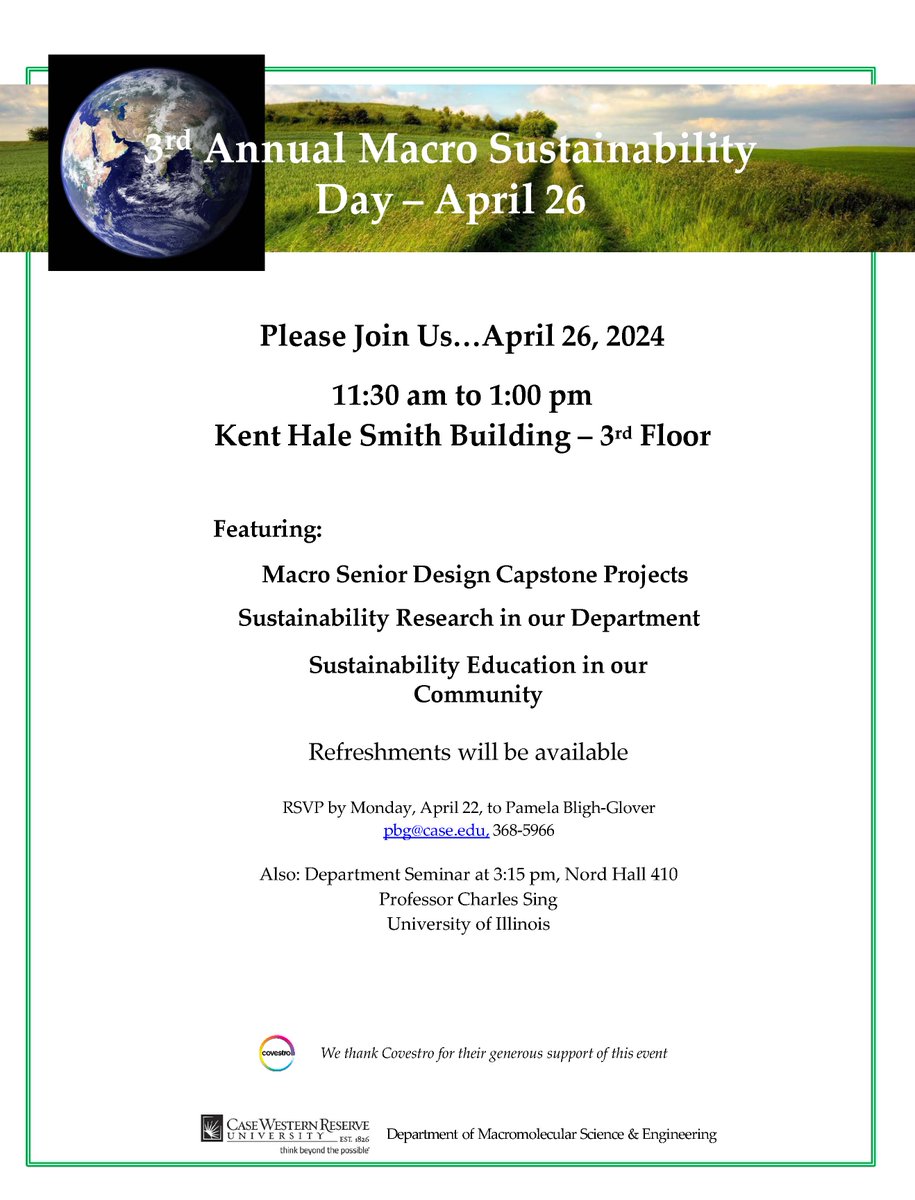 Save the date...April 26...the 3rd Annual Macro Sustainability Day in Kent Hale Smith, 11:30am -1:00pm. Thanks to @Don_Wardius and @CovestroUS for support of this event. Featuring senior design capstone projects and research linked to sustainability