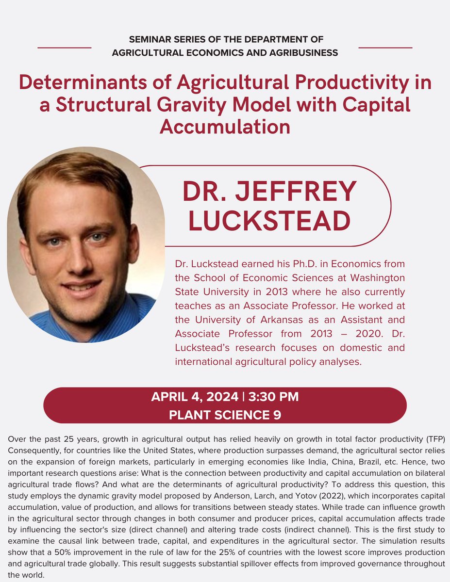 Make sure to check out our next seminar coming up on April 4, 2024, at 3:30 pm in PTSC 9. We will be having guest speaker Dr. Jeffery Luckstead of Washington State.