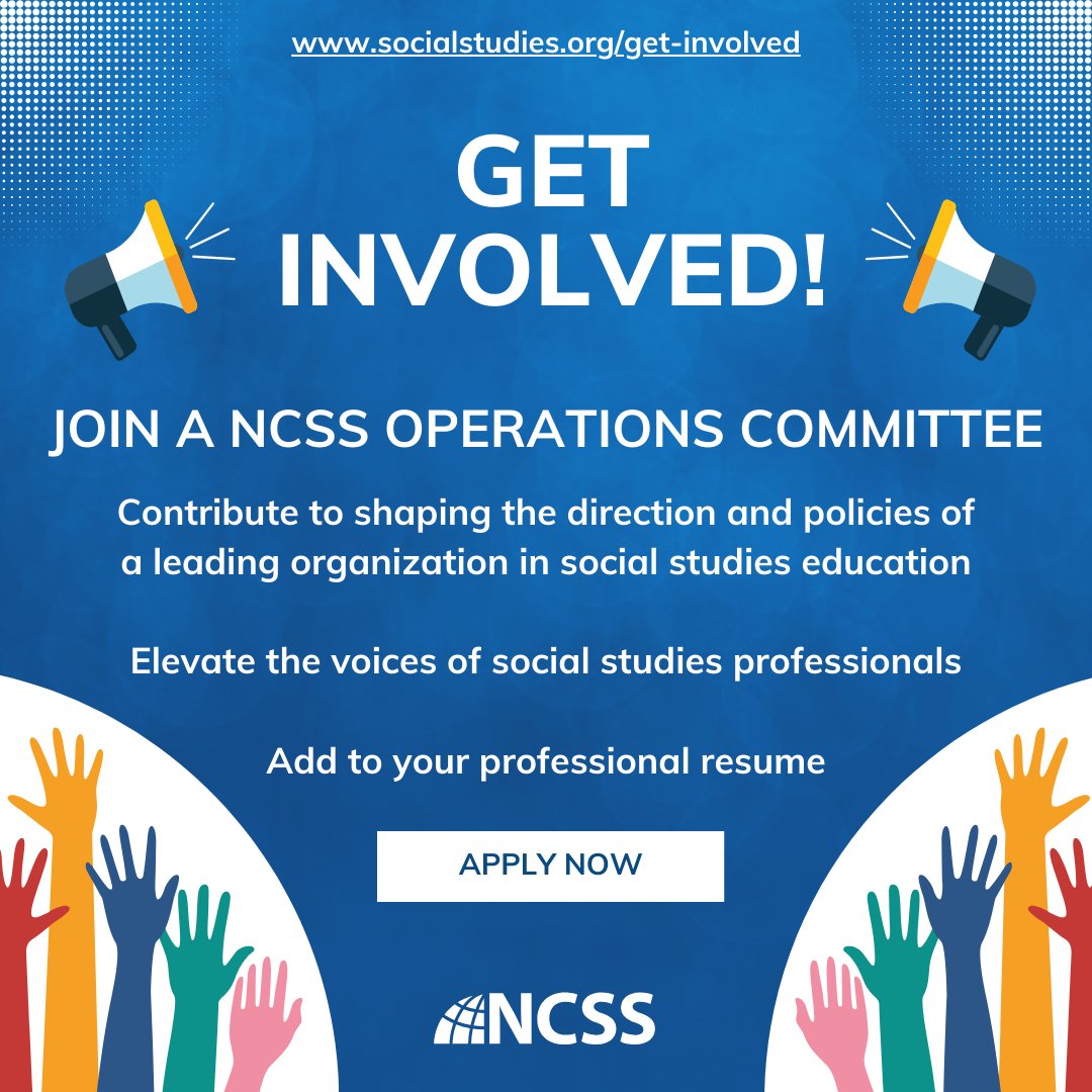 📣 NCSS invites its members to apply by April 26 to volunteer for an Operations Committee! ➡️ Details here: hubs.li/Q02r2-W60 #edutwitter #teachertwitter #volunteer