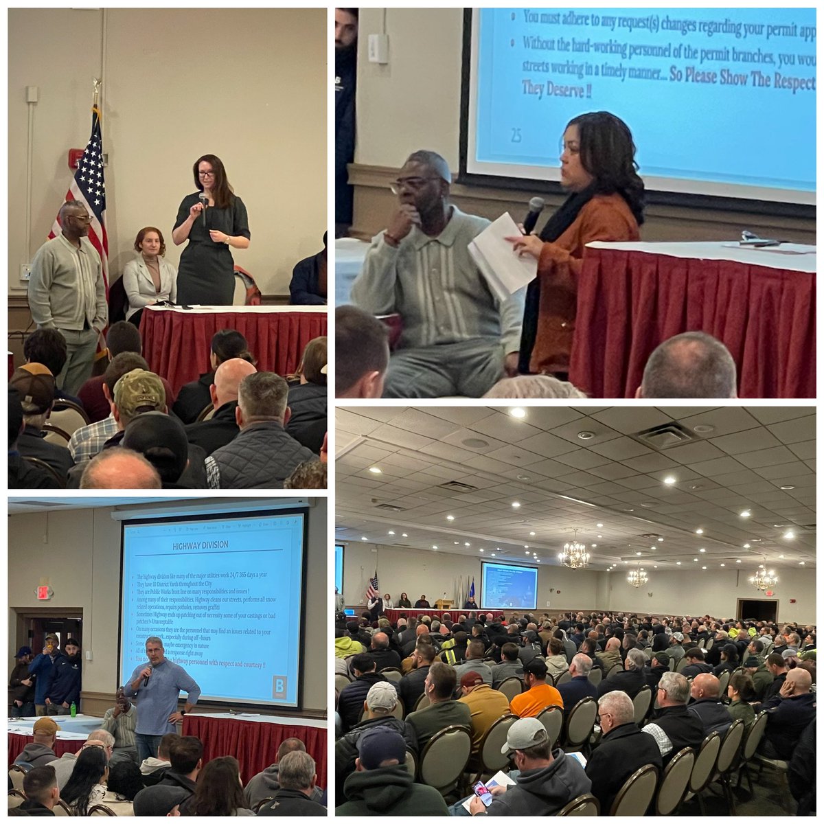 Our annual Construction Season Kick-Off Meeting is underway at a packed Florian Hall. The meeting allows multiple @CityOfBoston departments to review safety protocols & set expectations for utility companies & private contractors performing work on our streets and sidewalks. 🦺