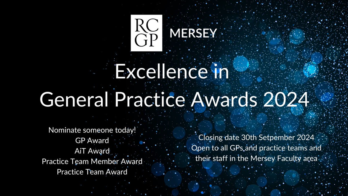 RCGP Mersey Faculty Excellence in General Practice Awards 2024. Applications now open. Closing date 30th Sept 2024. GP Award - bit.ly/GPAward24 AiT Award - bit.ly/AiTAward24 Team Member Award - bit.ly/TeamMemberAwar… Practice eam Award - bit.ly/TeamAward24