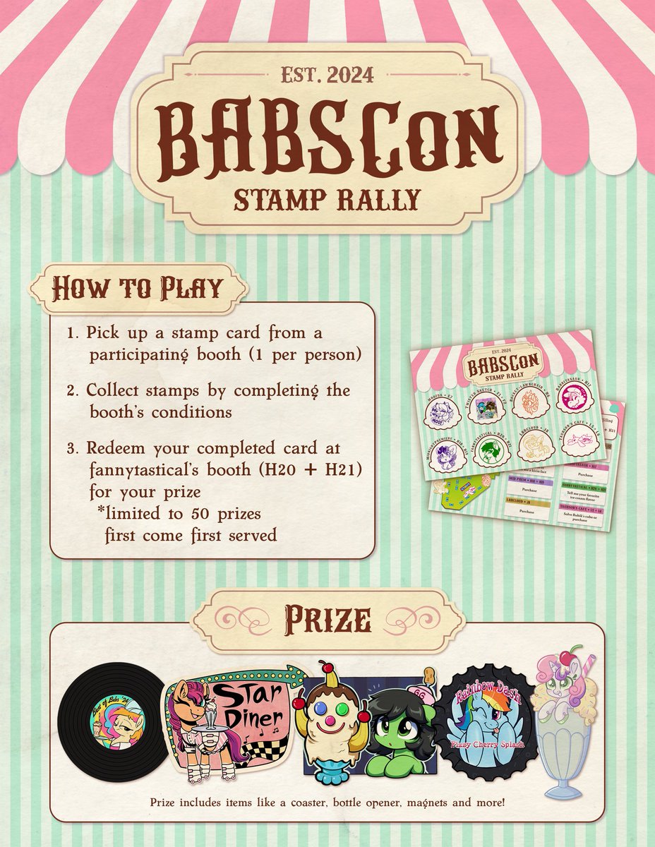 fannytastical's tweet image. I'm hosting a stamp rally at BABSCon 2024! I made a holo Sweetie Belle magnet.
💖 Participating Artists 💖
@MoozuaMary ❤️ @twisted_sketch 🧡 @RocketLawnchArt 💛 @Rabbitasaur 💚 @MidPrem 💙 @LBRCloud 💜 @Taurson + Guest Contributor @CuckyUncle