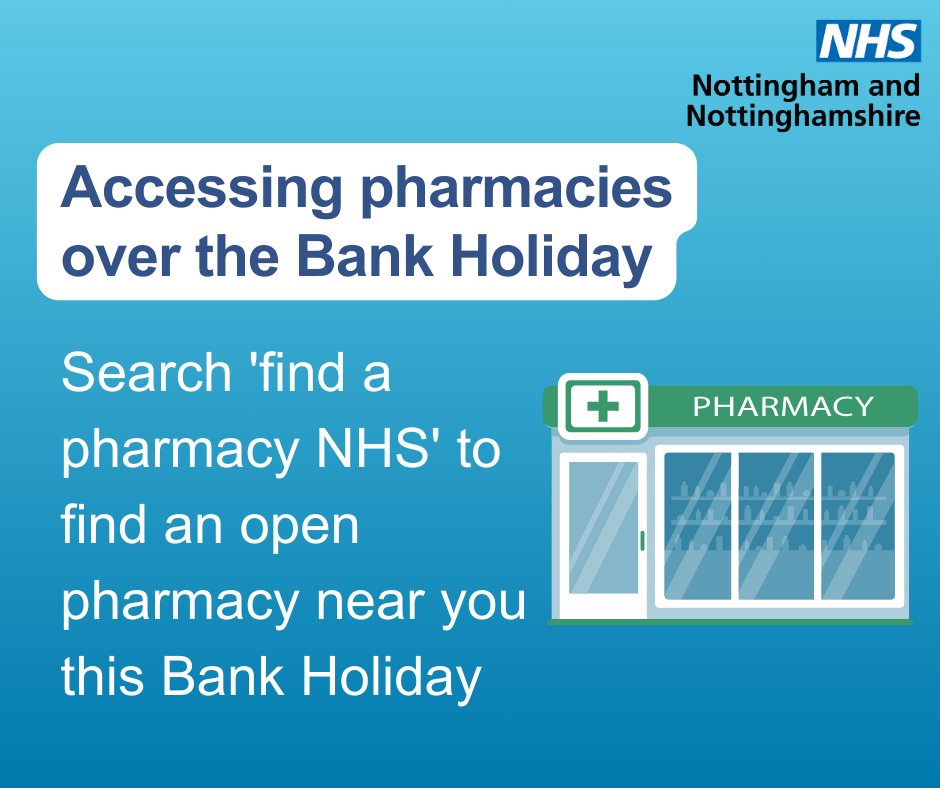 Pharmacy opening hours may be different over the Bank Holiday. Find your local pharmacies opening hours here: england.nhs.uk/.../bank-holid…