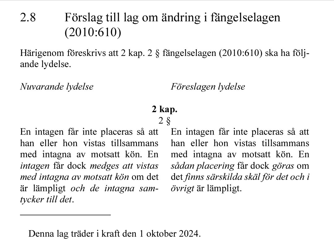 SigneKrantz's tweet photo. Den föreslagna lagen innehåller ett undantag som gör det mycket lättare för Kriminalvården att placera om personer som de anser gör ex kvinnofängelser otrygga. Det är idag mycket svårare.

Kritiker nämner aldrig den här delen av lagen. Läs sidorna 113 och 123 i remissen. https://t.co/sqijWGZcdL