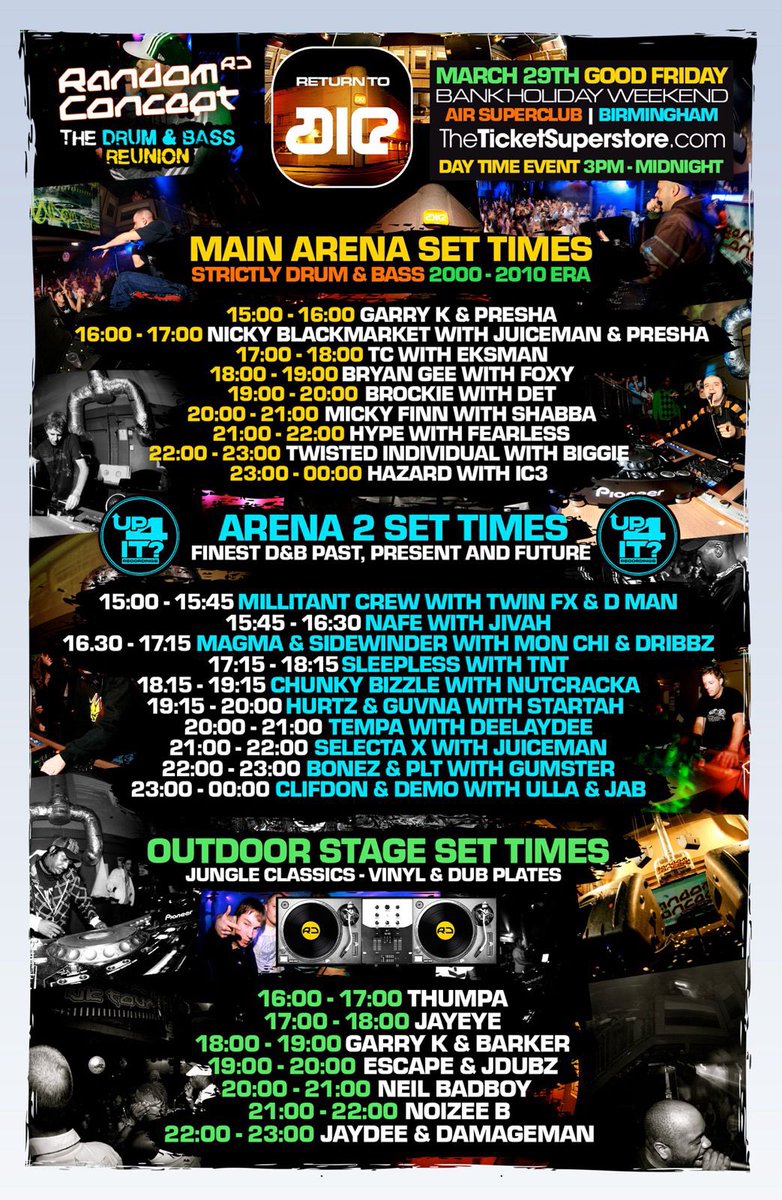 RANDOMCONCEPTUK's tweet image. 🚨 SET TIMES RELEASED

RANDOM CONCEPT presents RETURN TO AIR ~ THE DRUM &amp;amp; BASS REUNION

TOMORROW, GOOD FRIDAY at AIR SUPERCLUB, BIRMINGHAM • 3pm to Midnight 

Tickets from Superstore or Skiddle
🔗 theticketsuperstore.com
🔗 skiddle.com/e/37166436