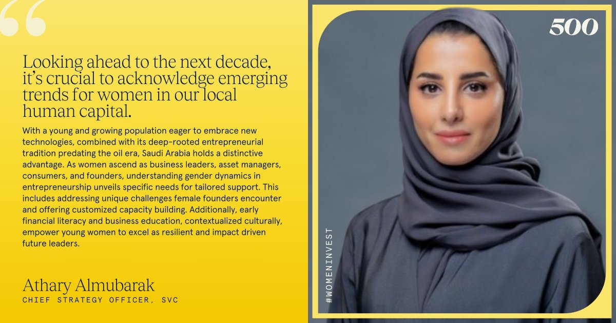 Athary Almubarak, Chief Strategy Officer at SVC, emphasizes the importance of addressing challenges faced by female founders and providing tailored capacity-building initiatives. Supporting young women is key to cultivating impactful future leaders. 💪 #WomenInvest