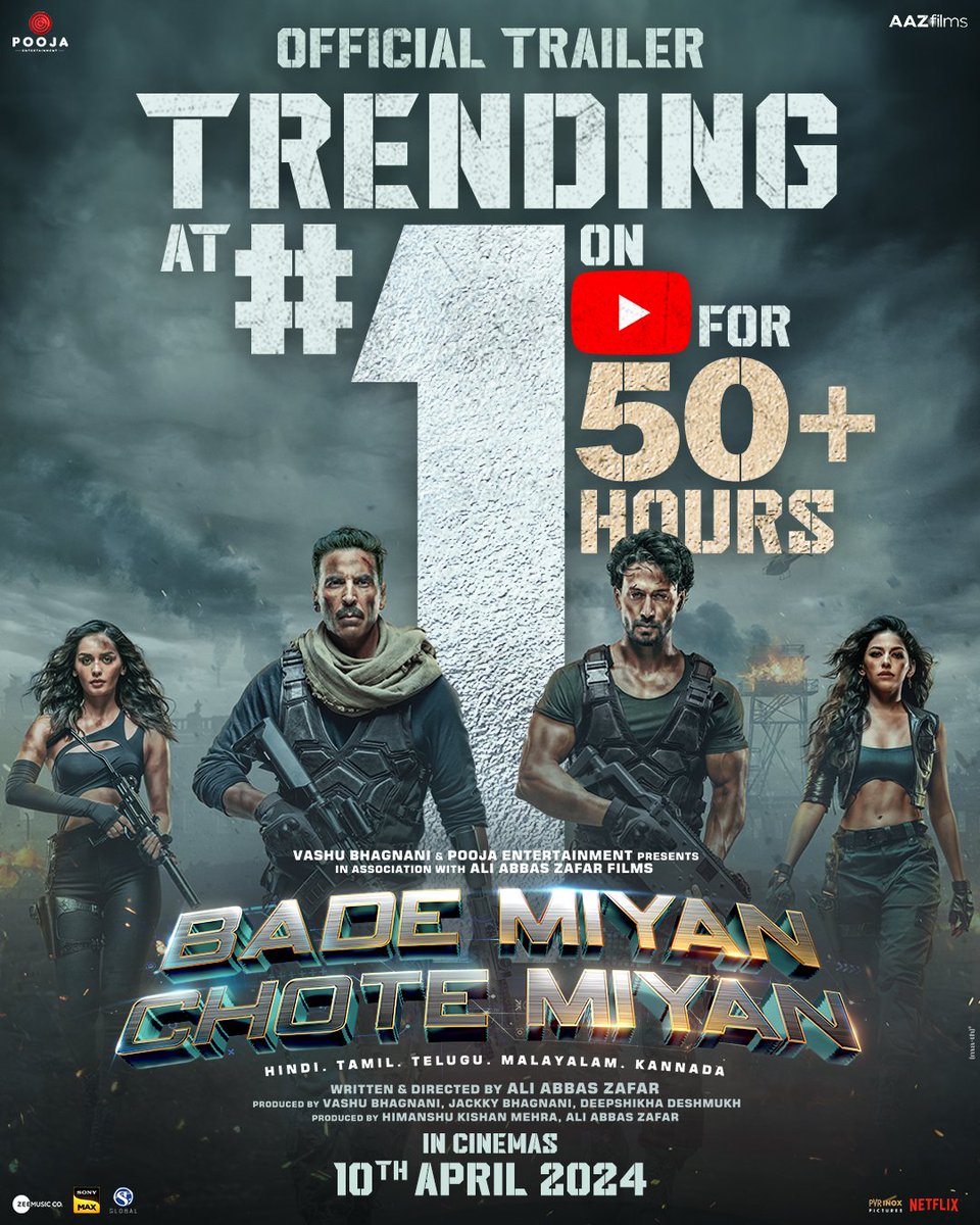 50+ hours and the action is only getting more REAL!🤜🤛 #BadeMiyanChoteMiyanTrailer out now: youtu.be/IGzLHNPO4QI Experience it in 3D and IMAX IN CINEMAS ON 10th APRIL! #BadeMiyanChoteMiyan #BadeMiyanChoteMiyanOnApril10 #BadeMiyanChoteMiyanOnEid2024 @akshaykumar…