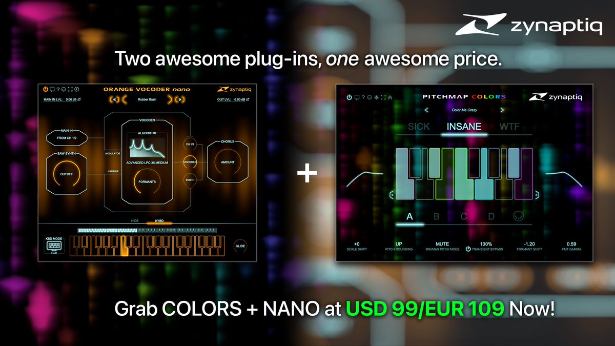 Grab the combo of PITCHMAP::COLORS and ORANGE VOCODER NANO at a reduced price through April 9th! zynaptiq.com #vocoder #pitchmap #sounddesign #musicproduction #gameaudio #zynaptiq