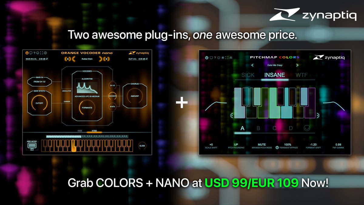 zynaptiq's tweet photo. Grab the combo of PITCHMAP::COLORS and ORANGE VOCODER NANO at a reduced price through April 9th! https://t.co/MHUddSxXZp #vocoder #pitchmap #sounddesign #musicproduction #gameaudio #zynaptiq https://t.co/tYF4WRy935