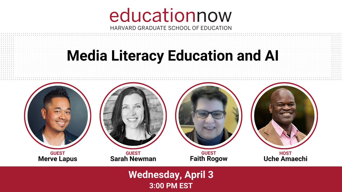 Our last Education Now of the season will address the skills needed to navigate a world influenced by AI, misinformation, and fake news. Join Lecturer @Uchebc with @CommonSenseEd's @molapus, @metalabharvard's @SarahWNewman, and author @InsightersEd. RSVP: bit.ly/3TVa5jY