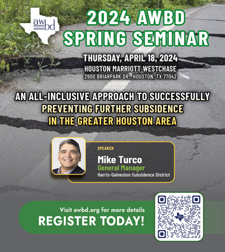 Register now for the 2024 AWBD Spring Seminar! Click here for more information – awbd.org/event/2024-awb… You can expect an enlightening seminar featuring Mike Turco, General Manager of the Harris-Galveston Subsidence District @hg_subsidence, discussing “An All-Inclusive Approach…