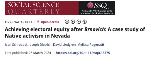 Melissa Rogers (@melissazrogers) on Twitter photo Happy to see our article on voting rights following the Brnovich decision in <a href="/SSQ_Online/">Social Science Quarterly</a>! We study efforts by Shoshone and Paiute leaders and Native activists in Nevada to provide voting access on the Duck Valley Reservation. onlinelibrary.wiley.com/doi/10.1111/ss⦠Happy to see our article on voting rights following the Brnovich decision in <a href="/SSQ_Online/">Social Science Quarterly</a>! We study efforts by Shoshone and Paiute leaders and Native activists in Nevada to provide voting access on the Duck Valley Reservation. onlinelibrary.wiley.com/doi/10.1111/ssā¦