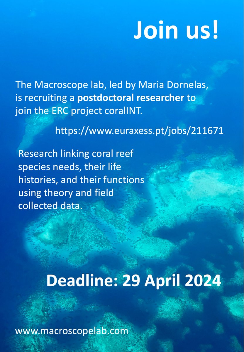 we are recruiting a #postdoc to join us in the @ERC_Research project coralINT. Please RT euraxess.pt/jobs/211671