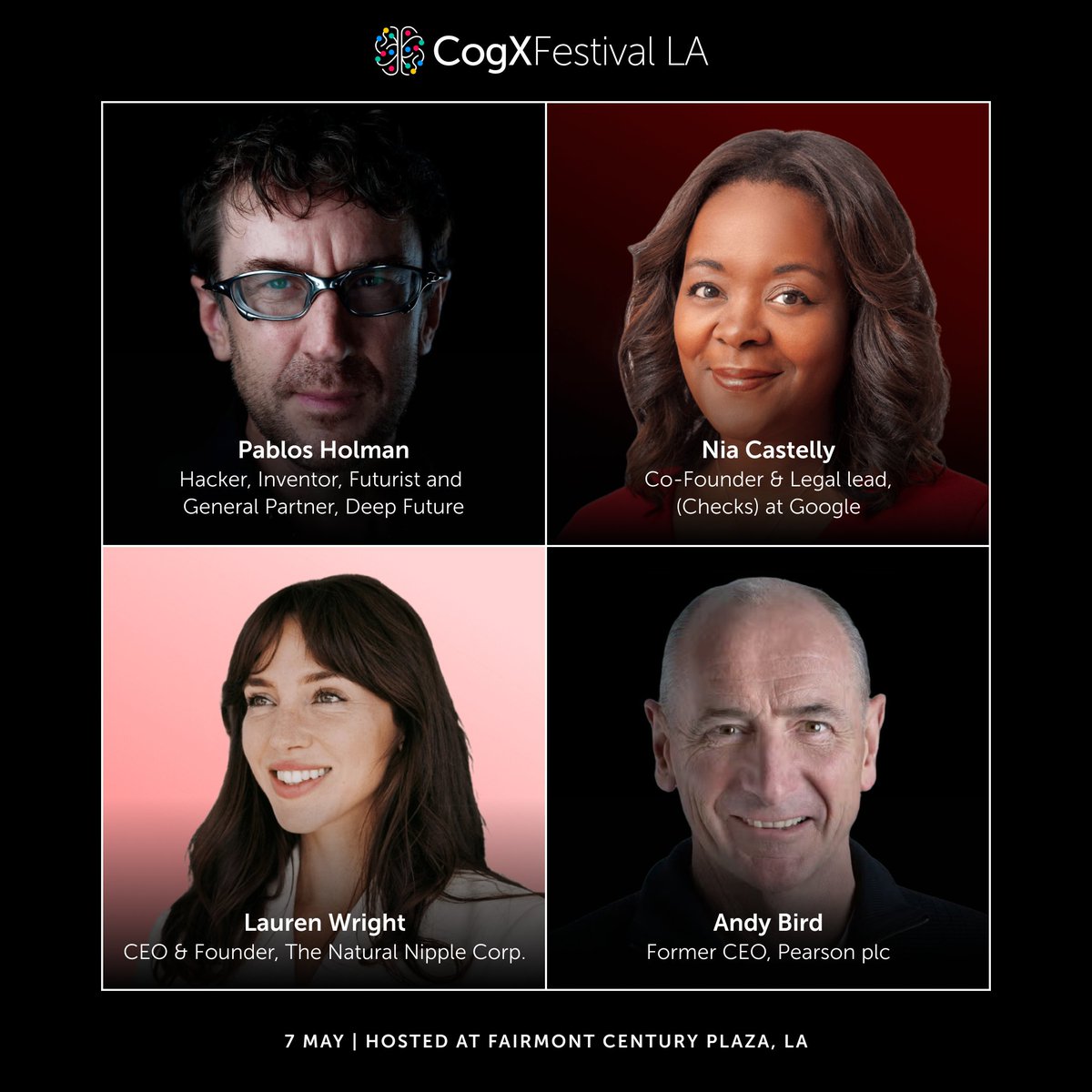 Delighted to announce new #CogXFestivalUSA speakers! 🌟 Andy Bird, a media/education visionary, Nia Castelly (@ChecksHq / @Google), Lauren Wright, transforming infant wellness, & @pablos, a tech futurist tackling global issues. Excited for their insights! #InnovationLeaders