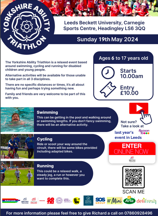 An amazing triathlon opportunity ran by Yorkshire Ability. No experience needed. It's very inclusive. 🏃‍♀️🏊‍♀️🚴‍♂️