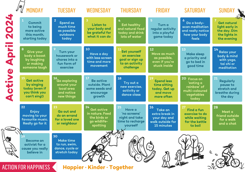 This month’s @actionhappiness calendar has been shared. Welcome to ‘Active April’ ‘Commit to being more active this month starting today’ Here’s to a good month! @LivHospitals @LuhftWellbeing #Happier #Kinder #Together #BeActive #TeamLUHFT