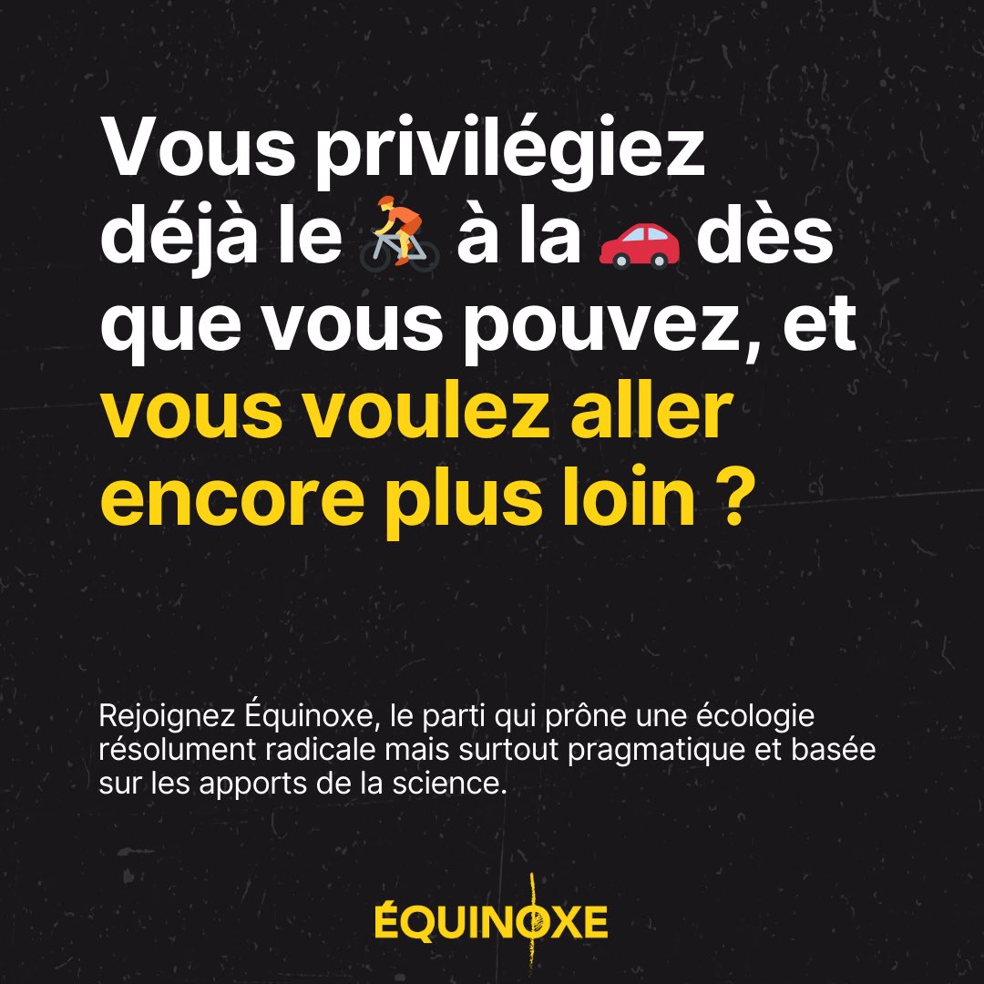 🚲 40% des français se déplacent à vélo ou à pied plutôt qu'en voiture quand ils le peuvent. Alignez vos gestes quotidiens et votre pouvoir politique en rejoignant le parti Équinoxe !

➡️ Rejoignez nous ! parti-equinoxe.fr

(Source de l'étude : ADEME, mars 2022)