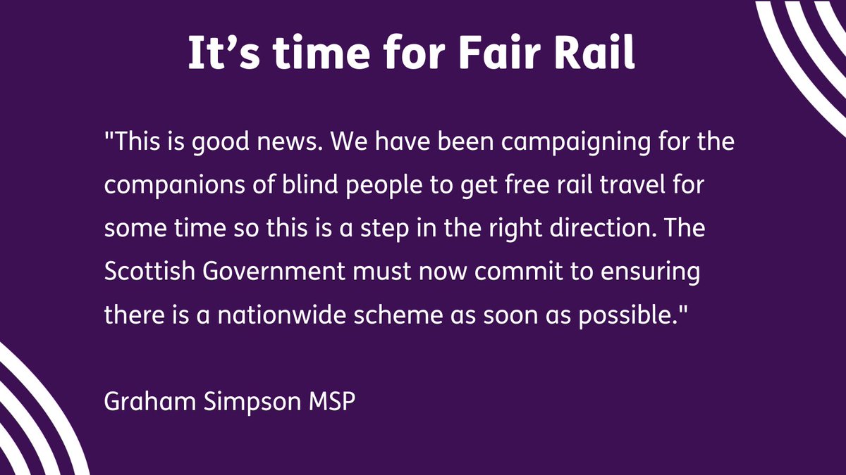 Thank you @GrahamSMSP for raising #OurFairRail campaign in the debate on @scotgov Fair Fares Review, highlighting the pilot project for free rail travel for companions of Blind Persons Concessionary Travel cardholders and your support for our campaign. It's time for Fair Rail.