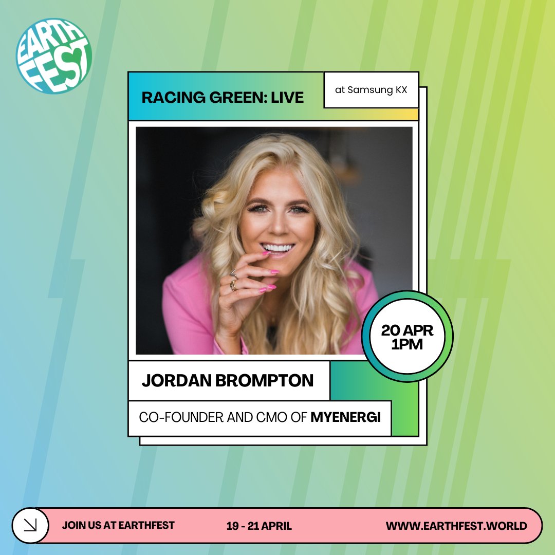 We are delighted to announce that Jordan Brompton, co-founder and CMO of myenergi, will be speaking at Earthfest on the Racing Green: LIVE stage at Samsung KX on Saturday 20 April.

Tickets are available now at l8r.it/ge15
