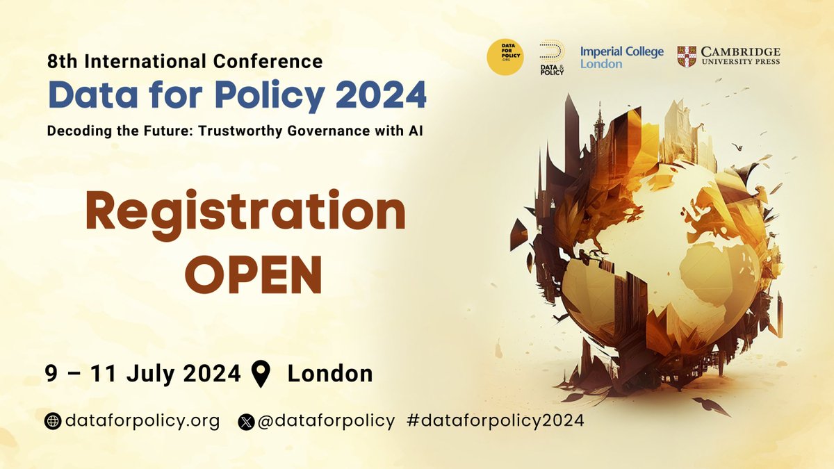 Registration now open dataforpolicy.org/2024-registrat… #dataforpolicy2024 will take place at @imperialcollege on 9 – 11 July 2024 - theme trustworthy #Governance with #AI @Data_and_Policy @ZeynepEngin @sverhulst @RossellaArcucci @ImperialDSI @imperial_forum Spread the word!