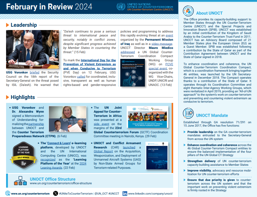 UN_OCT's tweet photo. Read our February Newsletter w/

🔸Int #PVEDay commemoration
🔹 @un_oct briefing to the @un Security Council on the threat posed by ISIL / Da’esh
🔸Connect &amp; Learn wins Platform of the Year at the @yourlpi  #LearningAwards
🔹 #capacitybuilding updates

👉 https://t.co/o8TBAGV8tm https://t.co/mzhy0ZNp88