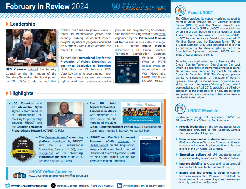 Read our February Newsletter w/ 🔸Int #PVEDay commemoration 🔹 @un_oct briefing to the @un Security Council on the threat posed by ISIL / Da’esh 🔸Connect & Learn wins Platform of the Year at the @yourlpi #LearningAwards 🔹 #capacitybuilding updates 👉 bit.ly/OCT-newsletter