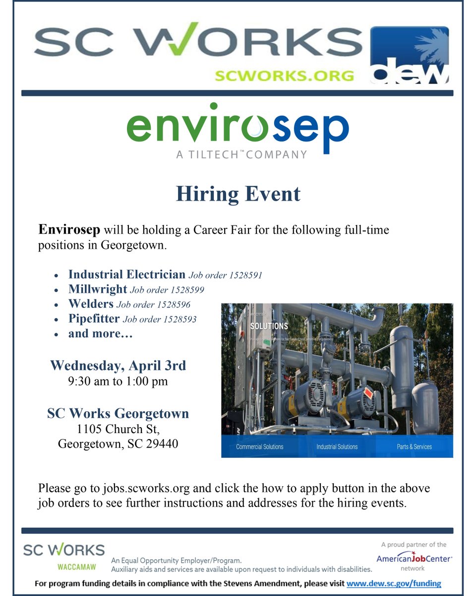 Join us at Envirosep's Hiring Event! Dress sharp and get ready for on-the-spot interviews! Positions include Industrial Electricians, Millwrights, Welders, Pipefitters, & more. See you on April 3rd, 9:30 am - 1:00 pm. #scworkswaccamaw #scworkswrcog #scworkswioa #scworks
