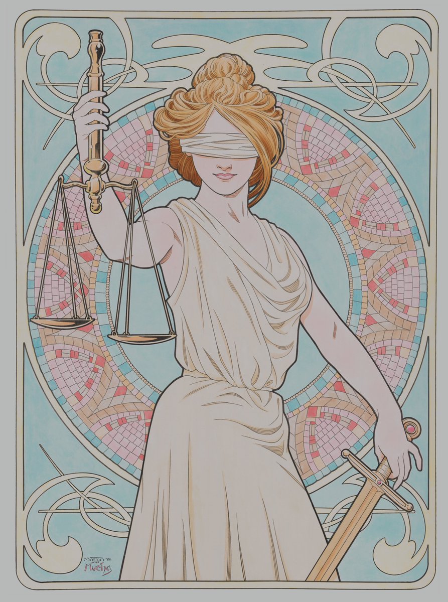 A poster-size (18x24) watercolor commission of a Mucha style Lady Justice. #comicsgate