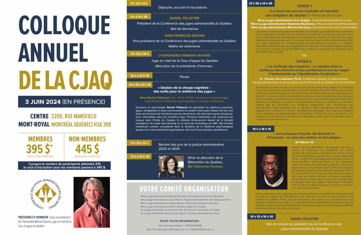 Le Colloque annuel de la Conférence des juges administratifs du Québec (CJAQ) se tiendra en personne à Montréal le 3 juin 2024. Découvrez le programme de la journée et inscrivez-vous 👉 cjaq.qc.ca/colloque-annue…