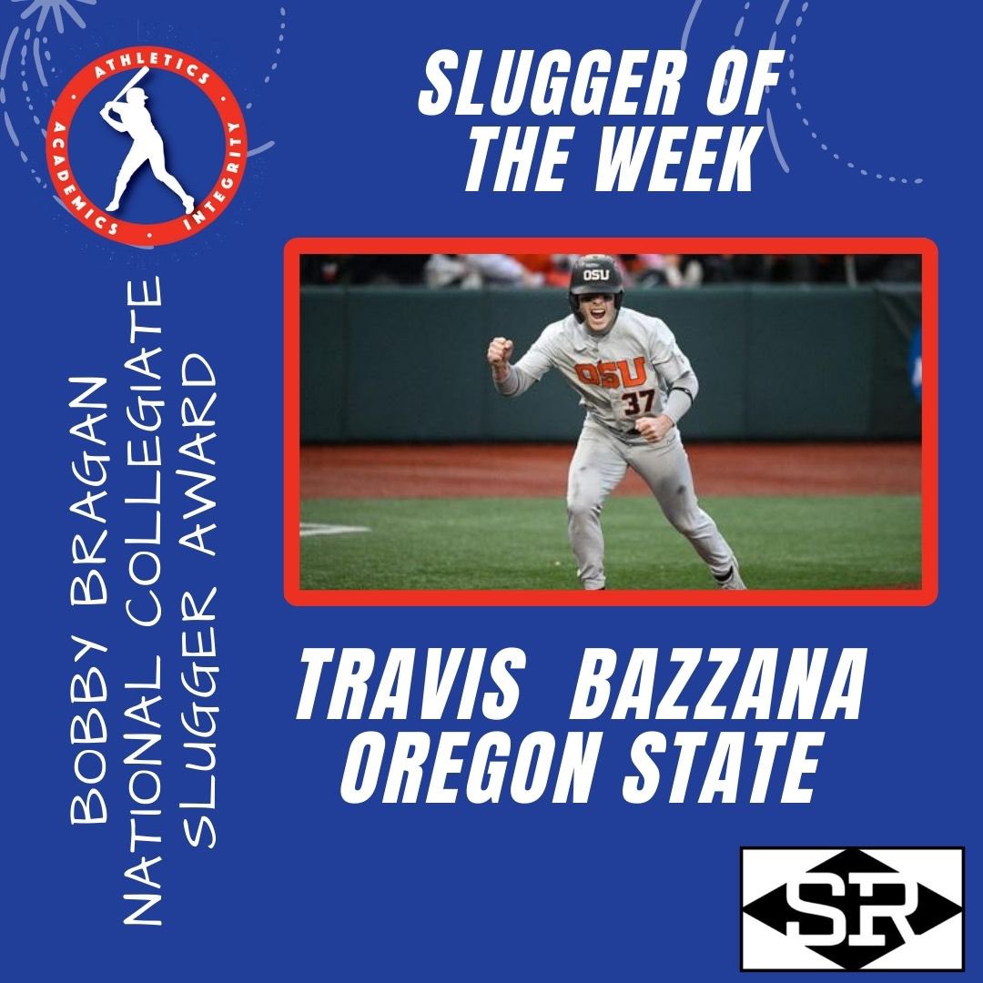 braganslugger's tweet photo. Congrats to our Slugger of the Week! Travis Bazzana of Oregon St is back this week with a slash line of .500/.600/1.625.  In 4 games against Portland &amp; Washington, Bazzana posted 8 hits &amp; led the List with 11 RBI &amp; 10 runs scored.  He had 6 extra-base hits, all homers. #GoBeavs https://t.co/G0DP1Qv0hU