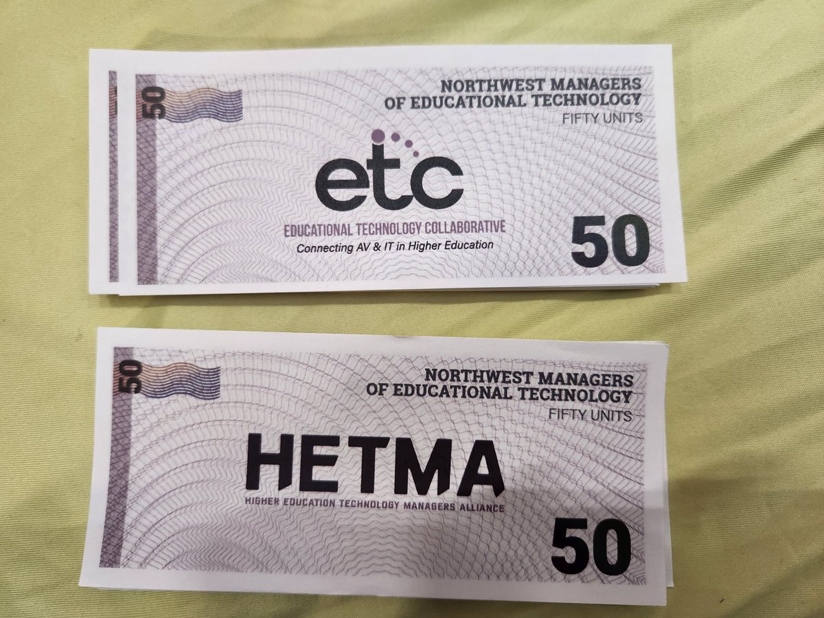 I'm still probably richest man at #NWMET2024! Stop by my table in the registration lobby and ask me about @HETMA_org, and I'll generously bestow some MET money on you!! @NWMET #HigherEd #EdTech #AVTweeps #ProAV