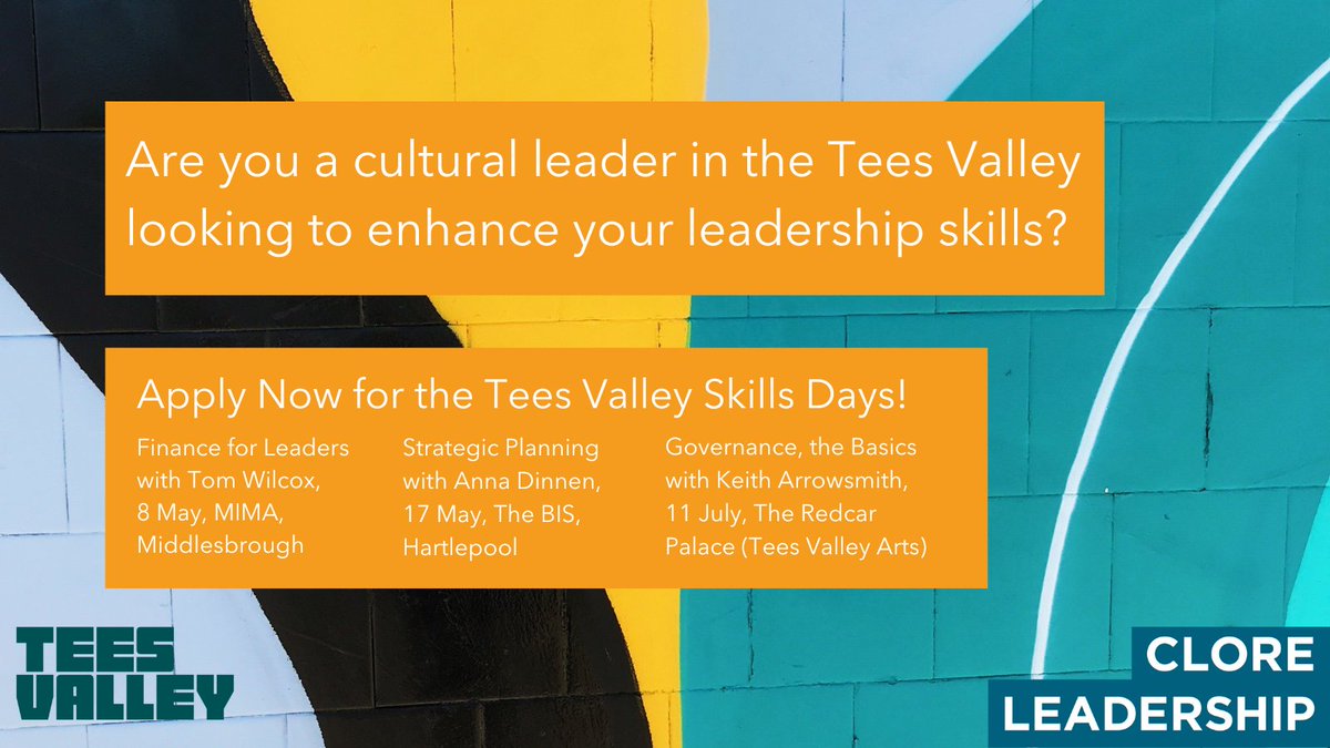 A reminder to all Tees Valley cultural leaders - booking closes next week for our two upcoming Leadership Skills Days in May! Finance for Leaders, Tom Wilcox, 8 May @mimauseful Strategic Planning, Anna Dinnen, 17 May @BisHartlepool Secure your place | bit.ly/TVLeadershipSk…