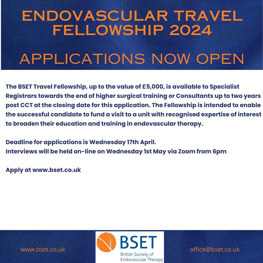 Don't forget the deadline for applications for the 2024 BSET Training and Travel Fellowships is Wednesday 17th April. @RouleauxClub @TraineesBSIR @VSGBI @BSIR_News