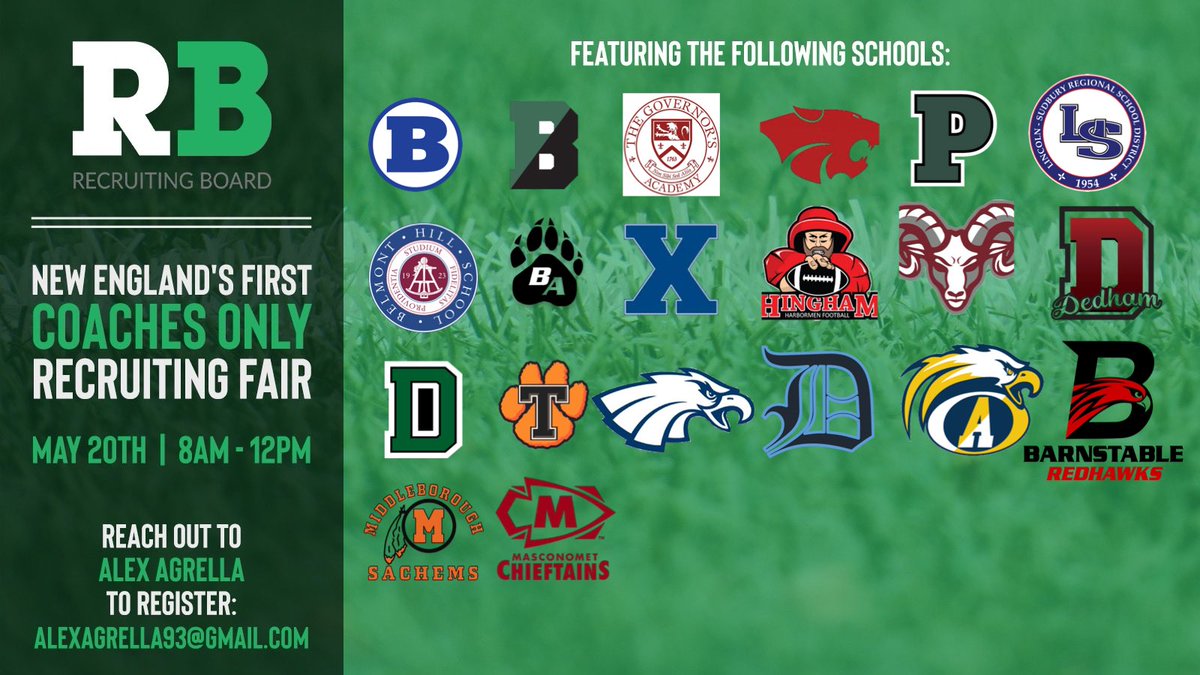 We have 20 High Schools who have reserved their spot for New England’s first Coaches only Recruiting Fair! Looking to add another 30. High School/Coaches: if you want to be added to our list DM or email me! @LSFootball_Fan @WildcatsMilton @DuxHSFootball @XBHS_Football