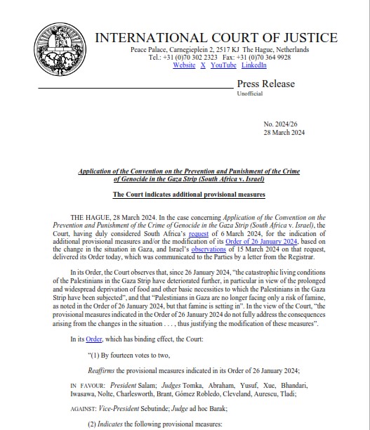 PRESS RELEASE: the #ICJ indicates additional provisional measures following South Africa’s request of 6 March 2024 in the case #SouthAfrica v. Israel bit.ly/3IVfOjp