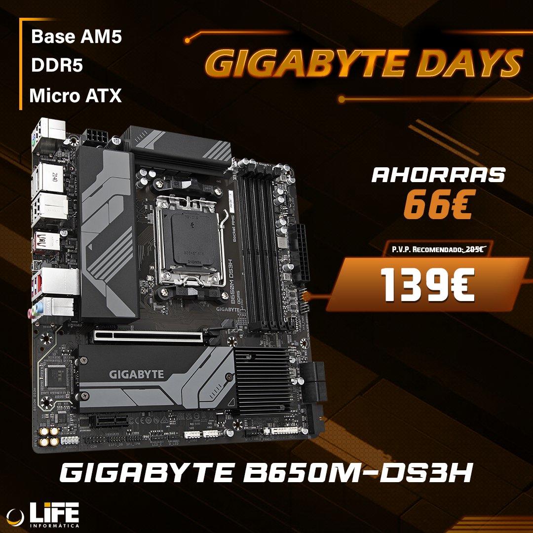 Aprovecha los 💥GIGABYTE DAYS💥 para conseguir esta placa base B650M-DS3H 66€ MÁS BARATA🤑, una potente y rápida placa perfecta para jugar con la MEJOR CALIDAD. Más info aquí 👉 n9.cl/7gn8i @auros_es #LIFEinformatica #ofertas #promo #informática #Aorus #GIGABYTE