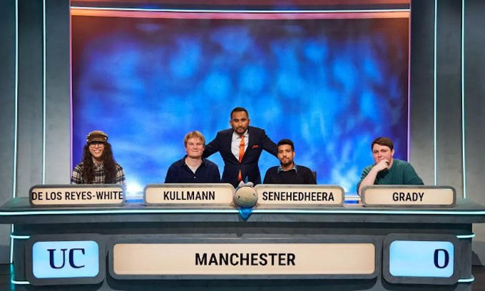 We're buzzing (!) for the #UniversityChallenge semi-final tonight! 🤞

See you on the quiz battlefield <a href="/ucl/">UCL</a>! 👋

Monday 1 April at 8.30pm on <a href="/BBCTwo/">BBC Two</a>.

Share the 🍿 <a href="/UoMNews/">The University of Manchester News</a> <a href="/alumniUoM/">University of Manchester Alumni</a> <a href="/UoMLibrary/">UoM Library</a> <a href="/UoMSciEng/">UoM Science and Engineering</a> <a href="/uomhums/">UoM Humanities</a> <a href="/FBMH_UoM/">UoM Biology, Medicine and Health</a> 🥳

You in, <a href="/themancunion/">The Mancunion</a> <a href="/ManchesterSU/">University of Manchester Students’ Union</a>? #TeamUoM