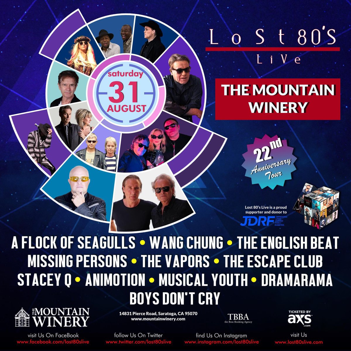 ￼Northern California We're Back! Saturday, August 31 The Mountain Winery ￼Saratoga, California Tickets 🎟️ On Sale Friday April 5th 10am 👉🏻 lost80slive.com/buy-now