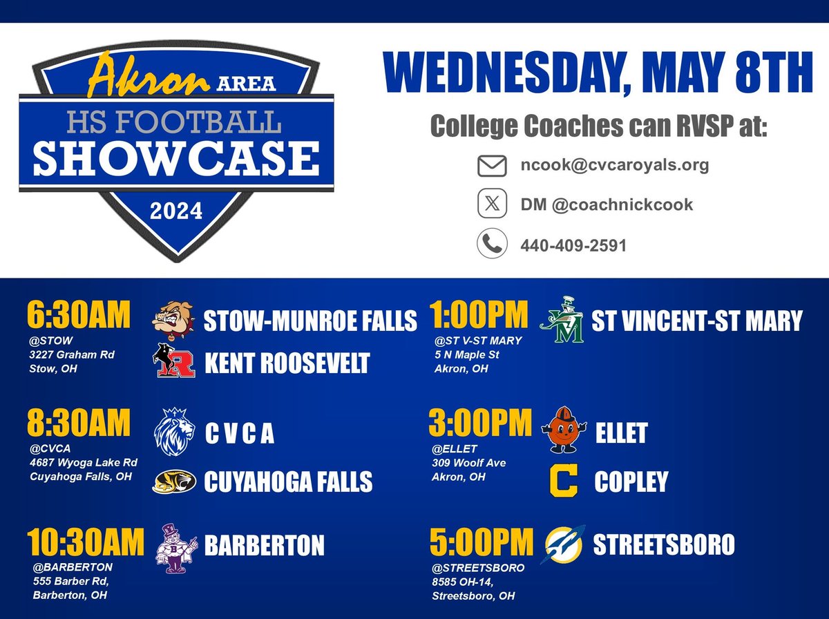 🚨 College Coaches 🚨 
Two GREAT Opportunities to evaluate the incredible players represented within the Greater Akron Football Coaches Association.  Appreciate all the work by the staffs to organize these events.