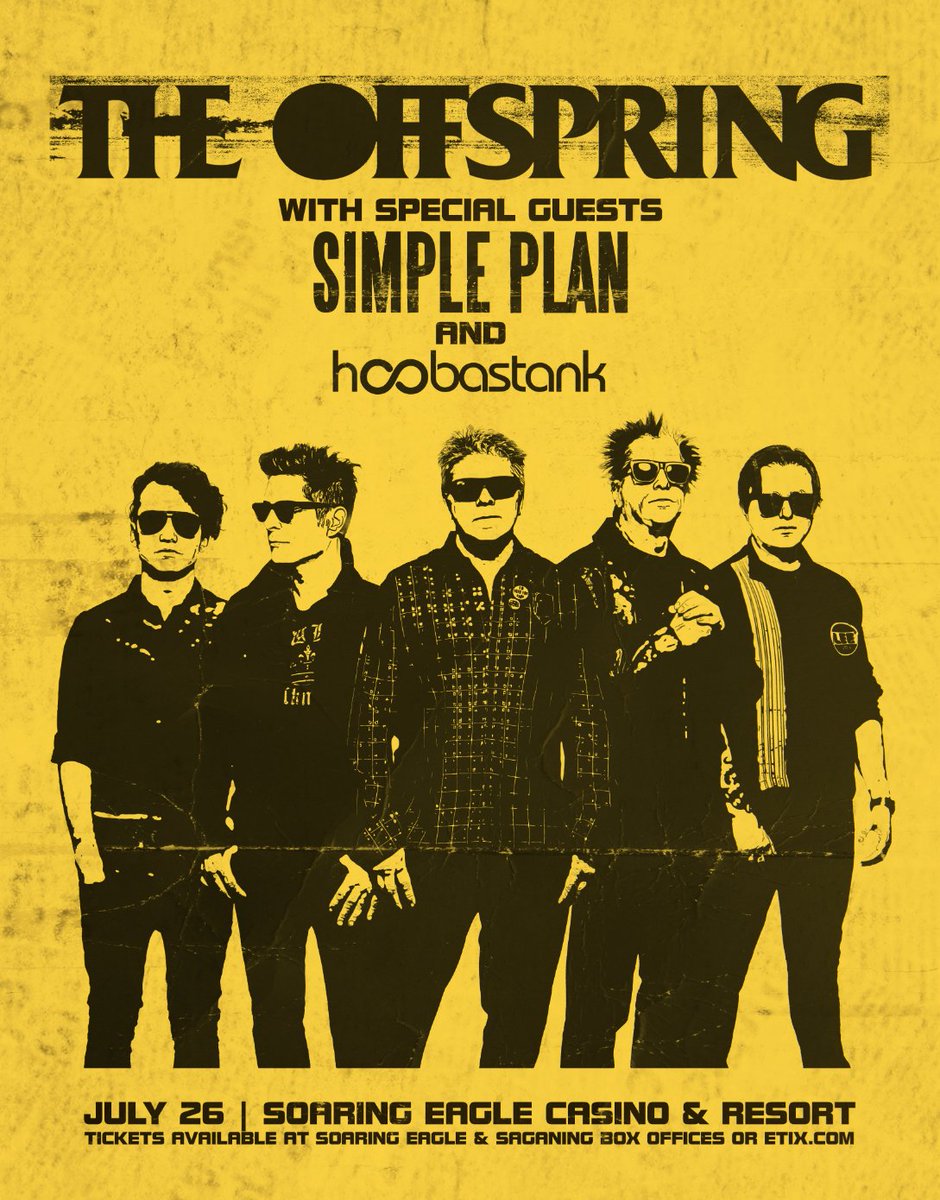 We're coming to @SoaringEagle777 in Mt Pleasant, MI on July 26th with @offspring and @simpleplan! Tickets go on sale Saturday, April 6 @ 10am ET.