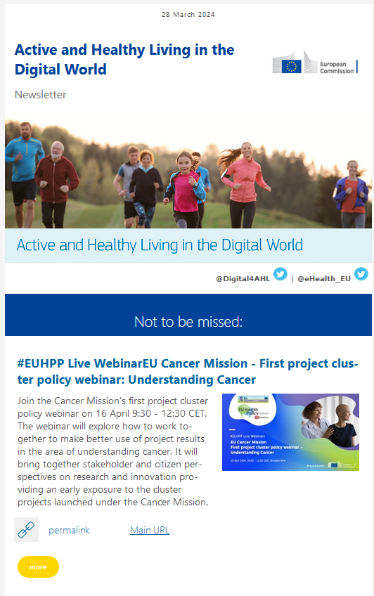 The newest edition of the newsletter "Active and Healthy Living in the Digital World" is out. ec.europa.eu/newsroom/livin… Subscribe: ec.europa.eu/newsroom/livin…

<a href="/eHealth_EU/">eHealth_EU</a>

#digitalhealth #ahl