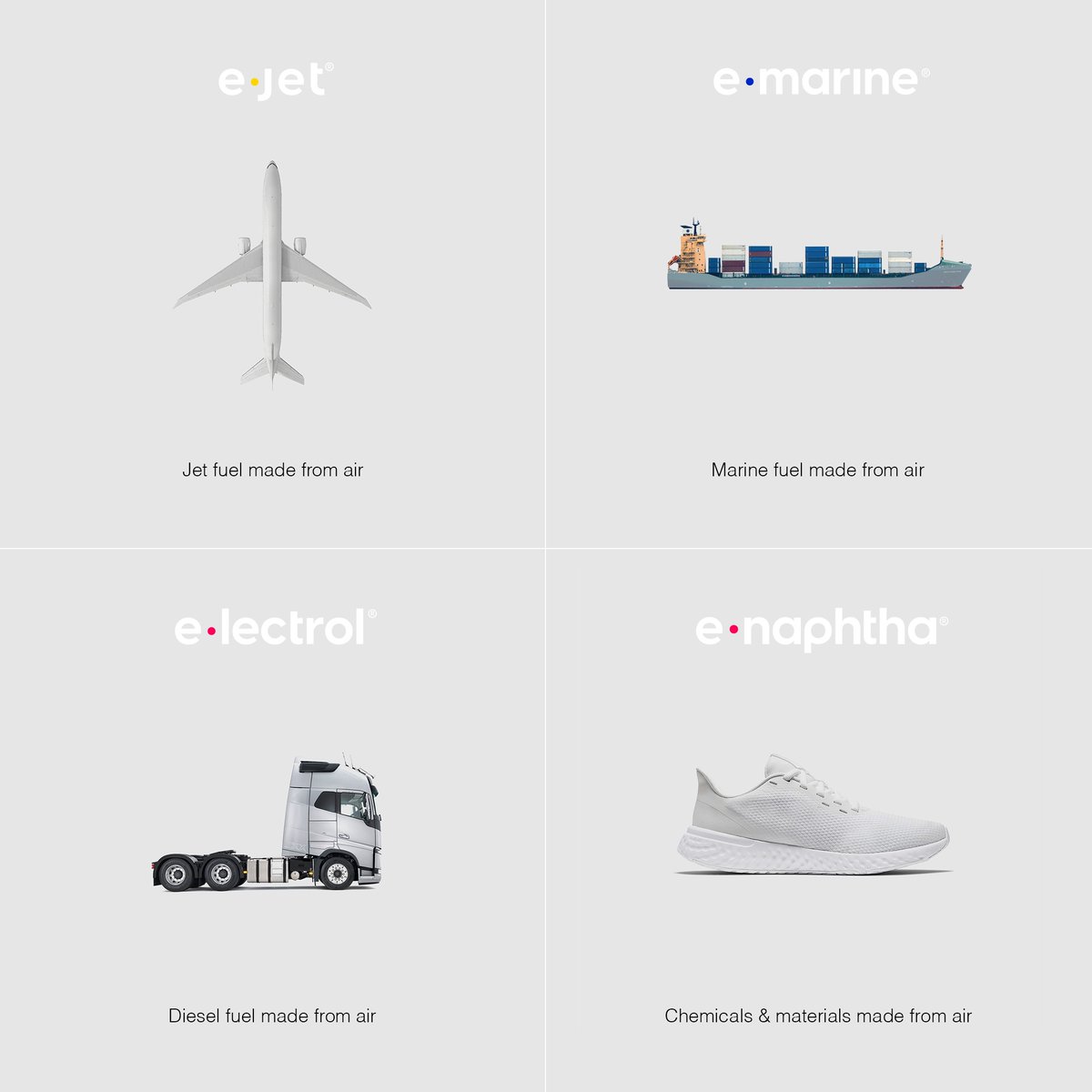 🌎 Say hello to our full suite of products for eliminating #supplychainemissions. ⚛️ E-fuels & materials made from CO2, water and renewable energy. #AWorldMadeFromAir™ #PowerToX #CarbonTransformation #Electrochemistry #CO2toProducts #ElectrifyEverything #carbonremoval #CDR