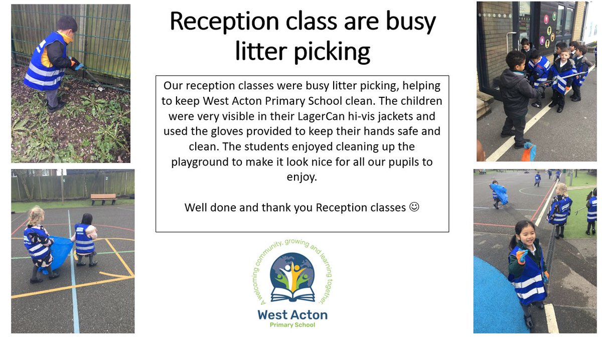 Our reception classes were busy litter picking, helping to keep West Acton Primary School clean. The children were very visible in their @CanLager hi-vis jackets and used the gloves provided to keep their hands safe and clean. @EcoSchools