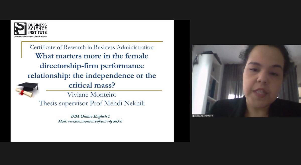 [🎓 #DBAImpactSeminar – CRBA Presentation 🎓] Viviane Monteiro (Online DBA n°2, 2022-2026) under the supervision of Prof. Nekhili. 🗣 « What matters more in the Female directorship firm performance relationship: the independence or the critical mass? »➕ en.business-science-institute.com